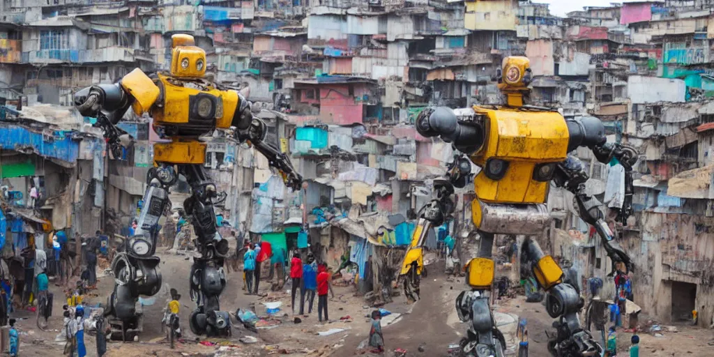 Image similar to giant mecha ROBOT of AJEGUNLE SLUMS of Lagos, writings and markings on robot,