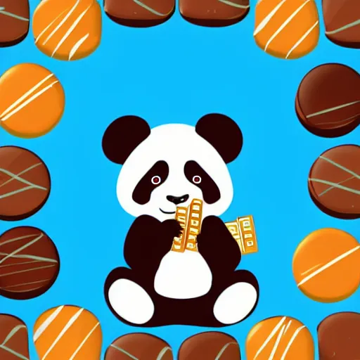 Image similar to vector artwork of a panda eating a chocolate bar, colorful, playful