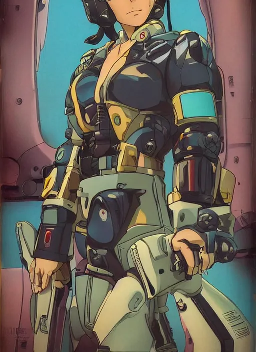 Image similar to Portrait of a female mech pilot in a latex bodysuit, 90s anime, cel-shaded, highly detailed, dramatic background, complementary lighting, poster