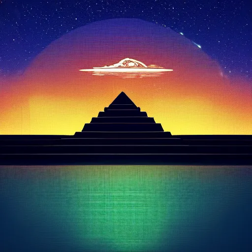 Prompt: Mayan pyramids viewed from a lake with ufos on the sky, retrowave art,cyberpunk,trending on art station,4k