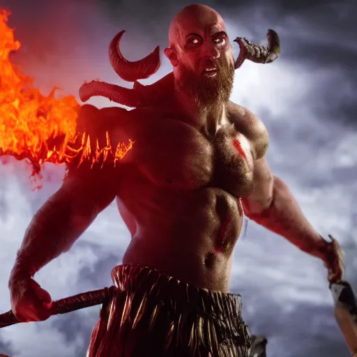 Image similar to film still of kratos as a demon in hell in the new lucifer movie, sharp focus, artstation