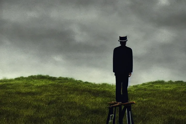 Prompt: “Close-up of a 100 year old man standing on top of the ladders looking at the sky. Large green field, mountains and sea in the background. Dark, surreal, cinematic lighting. In the style of Robert ParkeHarrison”