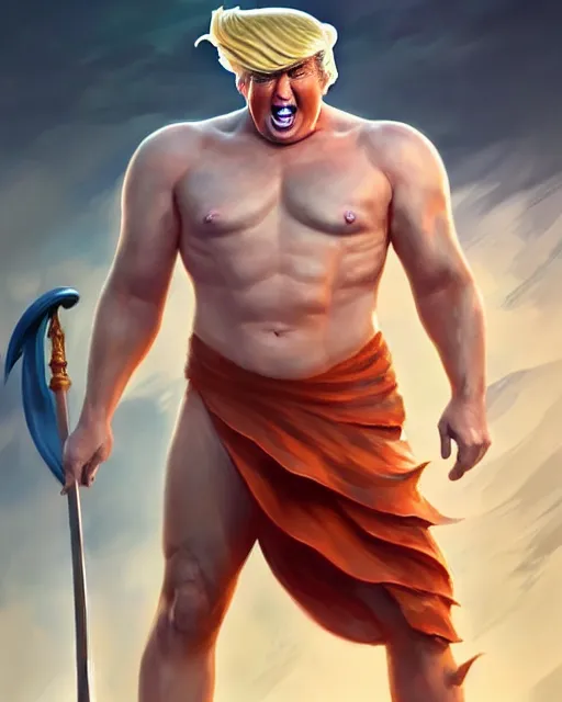 Image similar to character concept art of donald trump as poseidon in a dynamic pose | cute - fine face, pretty face, realistic shaded perfect face, fine details by stanley artgerm lau, wlop, rossdraws, james jean, andrei riabovitchev, marc simonetti, and sakimichan, tranding on artstation
