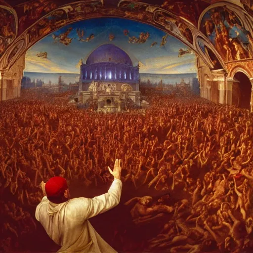 Image similar to the sistine chapel breaks open in half in the ceiling as a red magical portal from hell opens up, lucifer morningstar emerges along with demons, the priests and the pope look at the scene with terror in their eyes. highly detailed painting by gaston bussiere, greg rutkowski, craig mullins 8 k