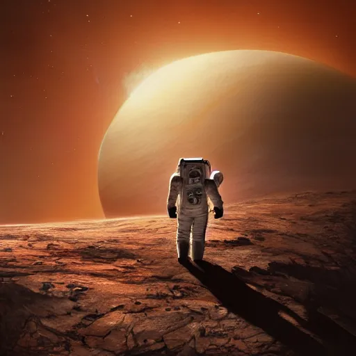 Prompt: Detailed photo of an astronaut seen from behind, he is standing on top of mount Venus on Mars, he is watching the Starship Super Heavy landing at the background, by Jordan Grimmer