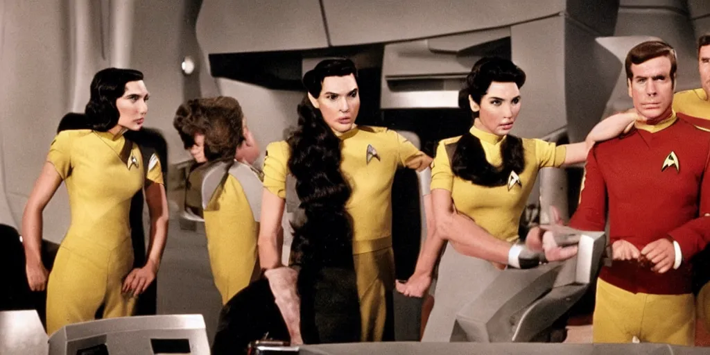 Image similar to a scene from Trouble with Tribbles, an episode of the original Star Trek series, with Gal Gadot, in Starfleet uniform, in the role of Captain Kirk