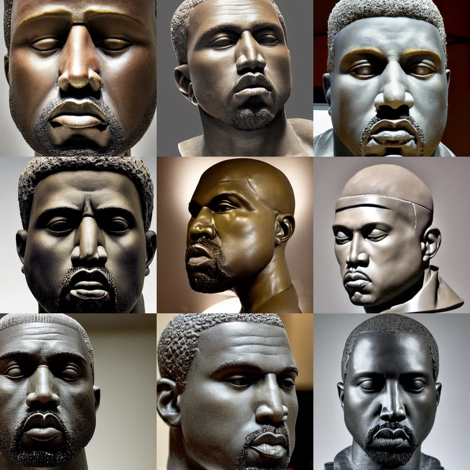 Prompt: a marble sculpture of Kanye West’s face made by Michaelangelo, shown in a museum, low angle, close up, soft light, perfect symmetry, detailed