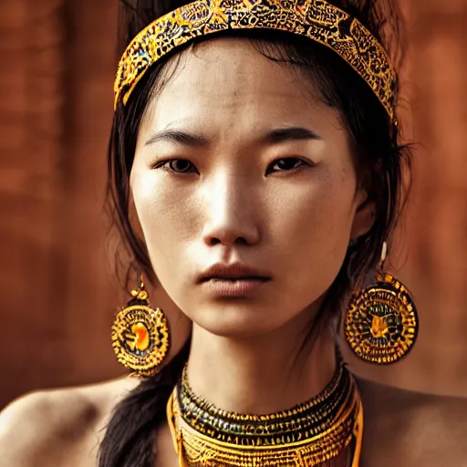 Image similar to portrait of a stunningly beautiful asian tribal female with lens flars and depth of field, zeiss lens, detailed, symmetrical, centered, fashion photoshoot, by Annie Leibovitz and Steve McCurry, David Lazar, Jimmy Nelsson, Breathtaking, 8k resolution, extremely detailed, beautiful, establishing shot, artistic, hyperrealistic, beautiful face, octane render