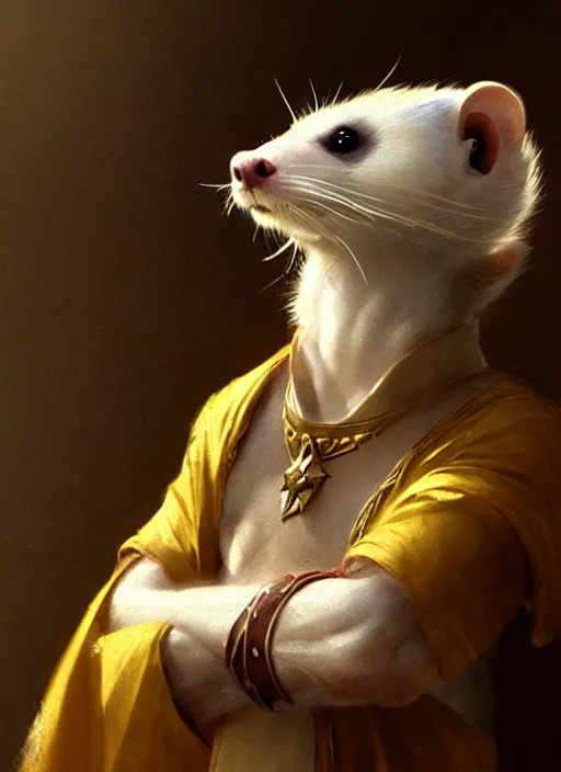 Prompt: a beautiful close - up shot from a fantasy film of an anthropomorphic ferret with golden eyes wearing a loose tunic. joseph ducreux, greg rutkowski.