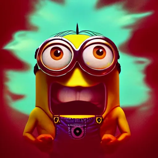 Image similar to an epic painting minion, red angry face in rage with nuclear explosion out of his head, he is going to blow, perfect composition, golden ratio, beautiful detailed, photorealistic, digital painting, concept art, smooth, sharp focus, illustration, artstation trending, octane render, unreal engine