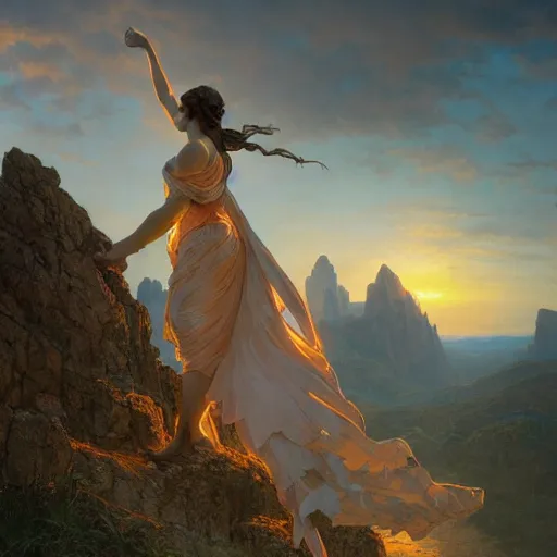 Image similar to an ultradetailed colossal magnificent mountain sized sculpture of an elegant woman, fine detail, sunrise on the horizon in the background, stone hand raised up, 8 k, art by greg rutkowski and alphonse mucha and andreas rocha and albert bierstadt