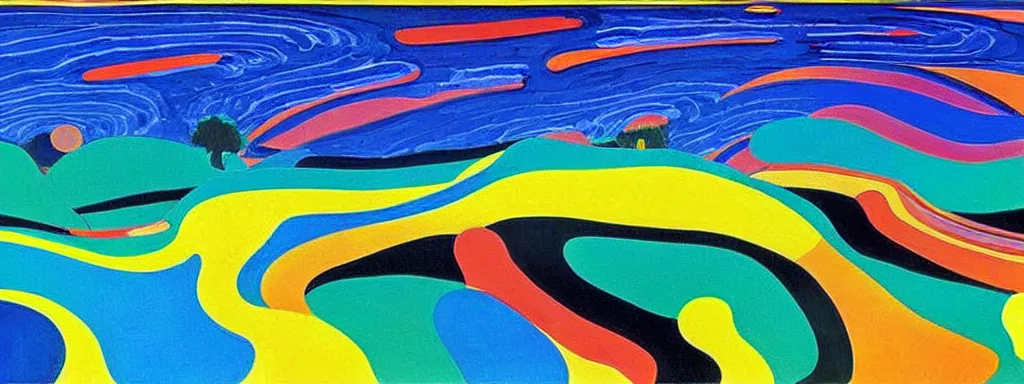 Prompt: Psychedelic sci-fi dreamworld. Landscape painting. Organic. Winding rushing water. Waves. Clouds. Landscape by Alex Katz. Wayne Thiebaud. Matisse.