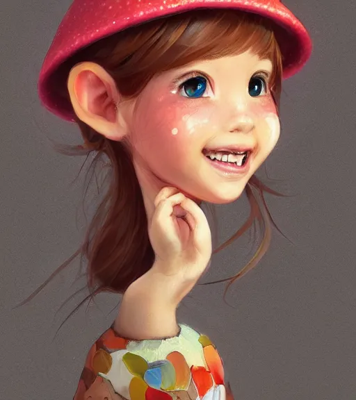 Image similar to a beautiful little girl wearing a mushroom hat sitting | | cute - fine - subtle smile, colorful hair, face, pretty face, fine details by stanley artgerm lau, wlop, rossdraws, james jean, andrei riabovitchev, marc simonetti, and sakimichan, trending on artstation