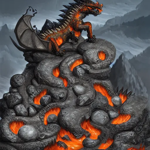 Prompt: dragons made of molten stone rising from the ground, digital art, highly detailed, trending on artstation, dark colours, intricate, intimadting, 8 k
