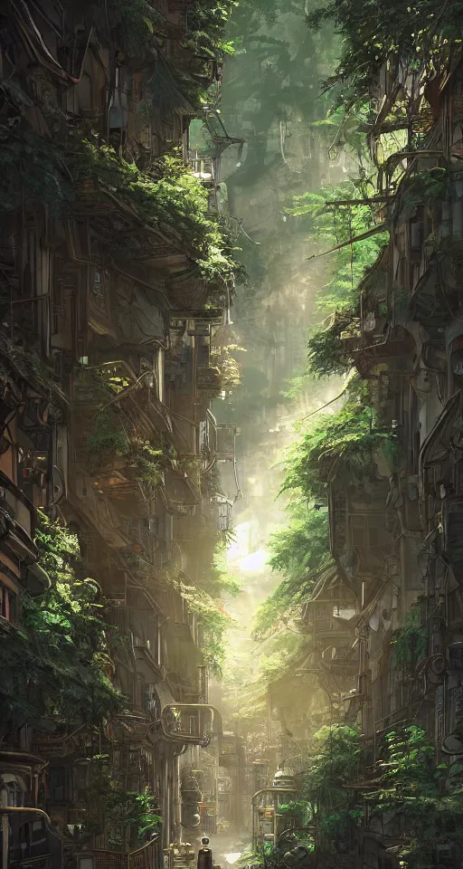 Image similar to Architectural section, movie concept art, steampunk style, Miyazaki tekkonkintreet Teikoku Shounen style, amazing + fantasy Traditional Japanese alley lane on full moon, lush vegetation and ferns, sun rays, octane render, trending on artstation, hyper detailed, cinematic