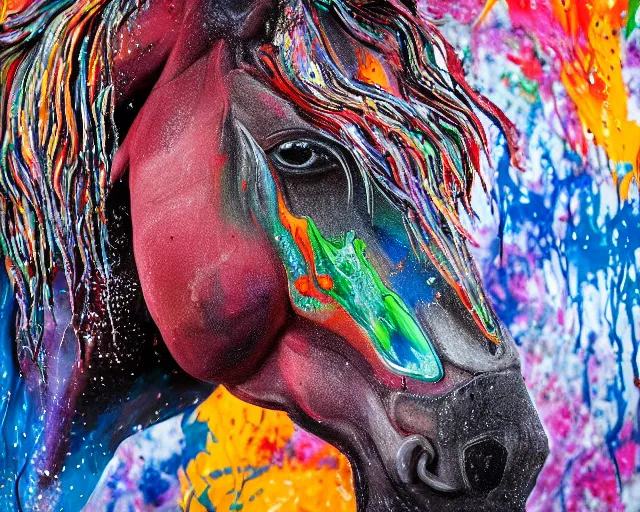 Image similar to still shot close up footage of the portrait of a horse head made of acrylic pour and coloured powder explosion and splashing paint and dripping paint and flying paint chunks, motion blur, hyperrealistic, medical, intricate art photography, anatomically correct, realistic crisp textures, 1 6 k