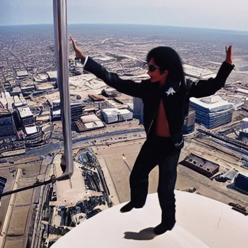 Image similar to “Michael Jackson Moonwalking on top of the St.Louis Arch”