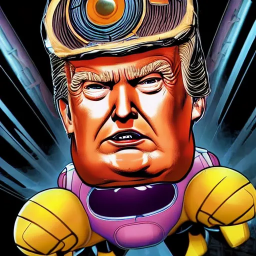 Image similar to donald trump's head as modok, the mental organism designed only for killing, little man in hovering throne, full body, psychic alien with huge head, marvel supervillain character