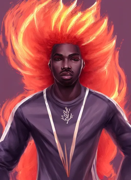 Image similar to a highly detailed illustration of attractive young african guy with flaming hair wearing tracksuit, dramatic standing pose, intricate, elegant, highly detailed, centered, digital painting, artstation, concept art, smooth, sharp focus, league of legends concept art, wlop