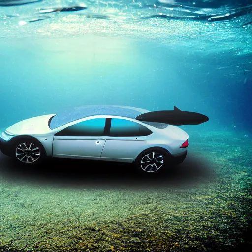 Image similar to hyperrealistic photo of a car underwater, 4 k, 8 k, thin film, full shot