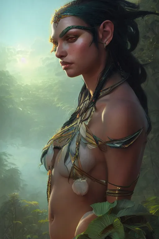 Image similar to goddess of the amazon twilight, highly detailed, digital painting, artstation, concept art, smooth, sharp focus, illustration, unreal engine 5, 8 k, art by artgerm and greg rutkowski and edgar maxence