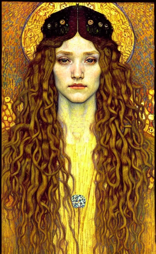 Image similar to detailed realistic beautiful young medieval queen face portrait by jean delville, gustav klimt and vincent van gogh, art nouveau, symbolist, visionary, gothic, pre - raphaelite, muted earthy colors, desaturated