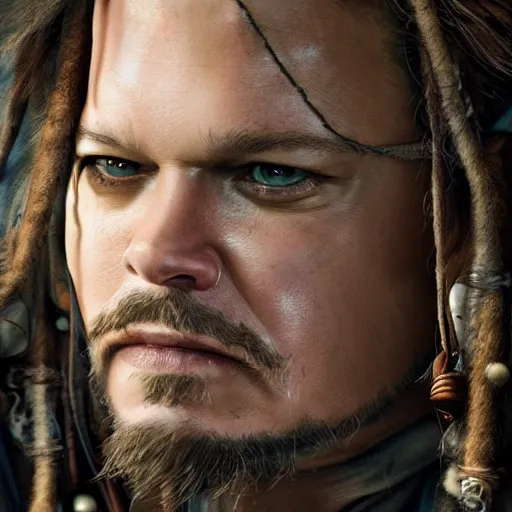 Prompt: hyperrealstic mixed media image of matt damon as captain jack sparrow, stunning 3 d render inspired art by istvan sandorfi and greg rutkowski, perfect facial symmetry, realistic, highly detailed attributes and atmosphere, dim volumetric cinematic lighting, 8 k octane extremely hyper - detailed render, post - processing, masterpiece