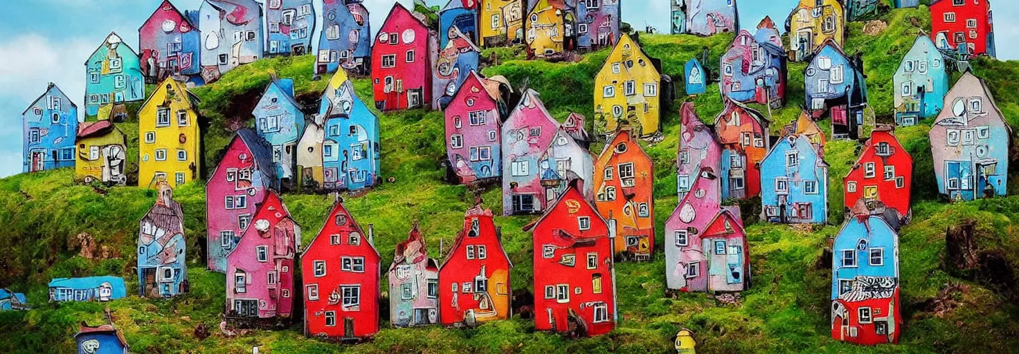 Image similar to quirky surreal naive houses painted by alexander jansson, bright colors