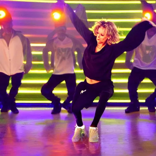 Prompt: Meg Ryan dancing a hip hop routine on stage with cool lighting