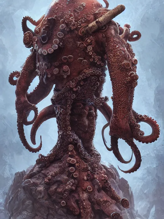 Image similar to full body frontview portrait of a warrior in octopus - like - armour, character design, designed in blender, 8 k hd, octane render, intricate and highly detailed, coloured with lots of colour, pose, fantasy, sharp focus, realistic, volumetric lighting