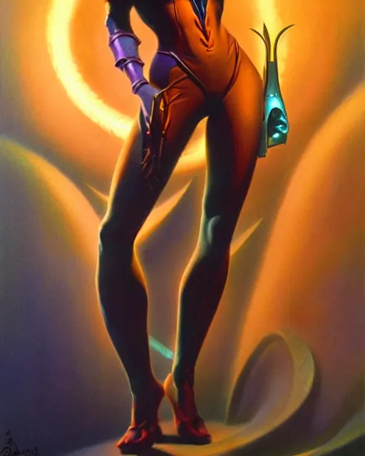 Image similar to widowmaker from overwatch, character portrait, portrait, close up, vintage fantasy art, vintage sci - fi art, radiant light, caustics, by boris vallejo