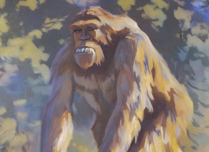 Prompt: a highly detailed beautiful portrait of bigfoot by gregory manchess, james gurney, james jean