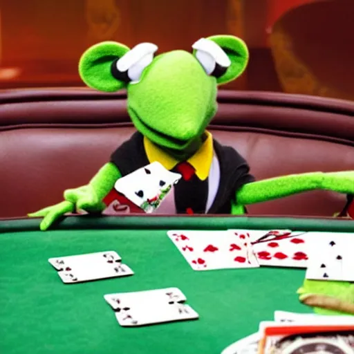 Image similar to kermit playing poker with mickey mouse in las vegas