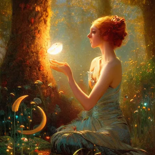 Image similar to attractive, fairy, woman, in the night, fantasy, crescent moon in background, luminous, toadstools, fireflies, fantasy, mist, highly detailed painting by gaston bussiere, craig mullins, j. c. leyendecker, mid shot, 8 k realistic, sharp focus