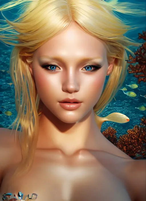 Prompt: photo of a gorgeous blonde female mermaid in the style of stefan kostic, realistic, half body shot, sharp focus, 8 k high definition, insanely detailed, intricate, elegant, art by stanley lau and artgerm, extreme blur coral reef background