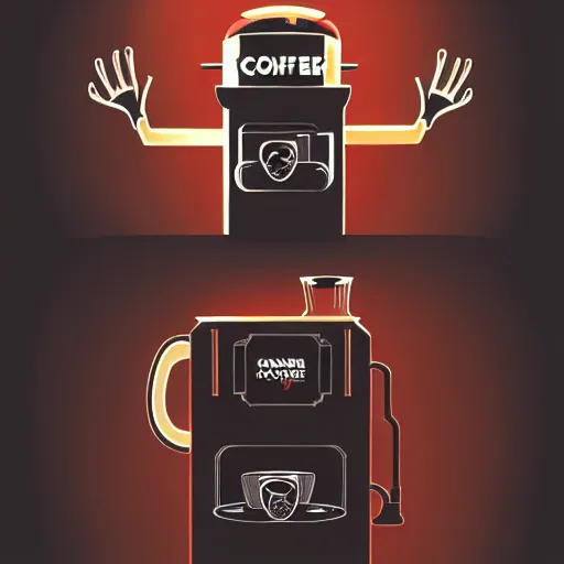 Image similar to monster coffee machine with hands and eyes drink cappuccino, 8 k, details, artstation trends, cyberpunk concept art