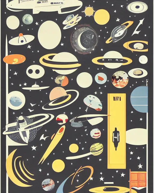 Prompt: A collage of Space Travel, mid-century modern, made of random shapes cut from magazines