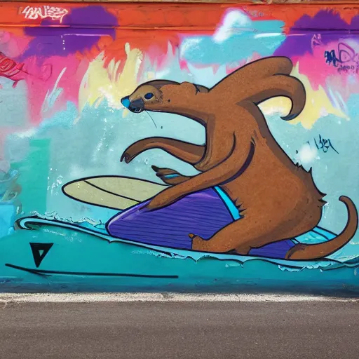 Image similar to photo of a graffiti mural of an anthro otter surfing, graffiti, mural, street art, anthro otter, furry art, furaffinity, 4 k