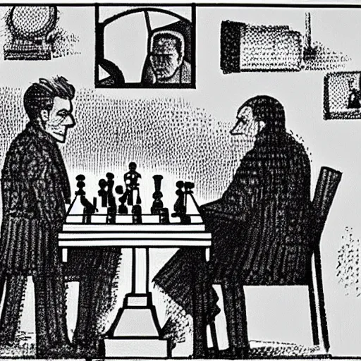 Image similar to ludwig wittgenstein and a humanoid robot playing chess, comic panel