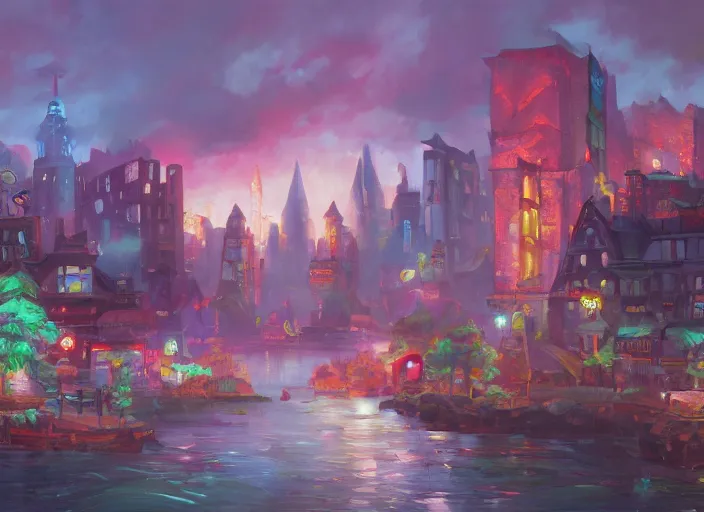 Prompt: city on insland for a game candy themed, oil painting by jama jurabaev, extremely detailed, brush hard, artstation, for aaa game, high quality, brush stroke