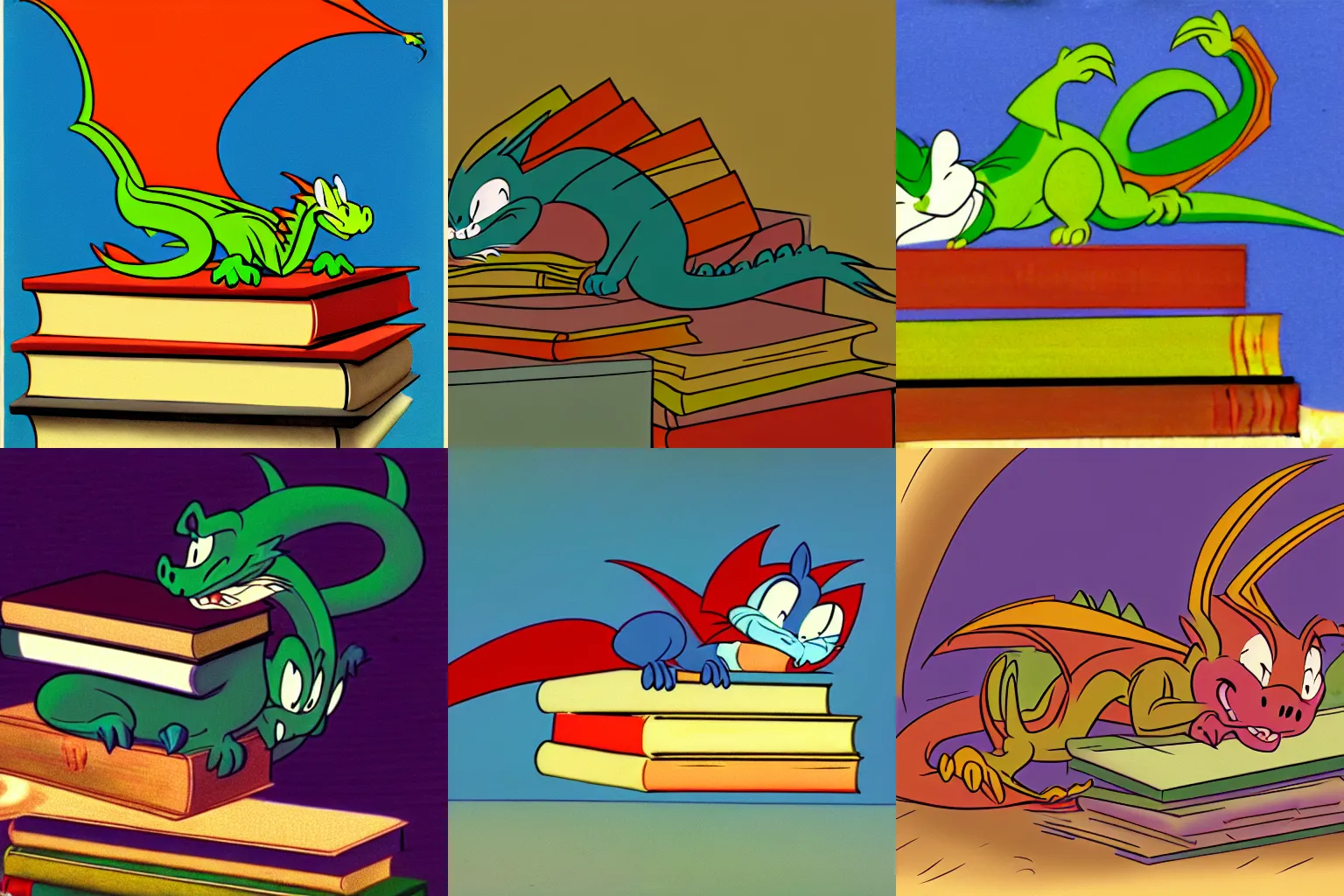 Prompt: Dragon sleeping on a hoard of books, by Chuck Jones, animation keyframe, looney tunes, technicolor, cartoon