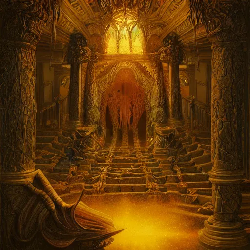 Prompt: Photorealistic demonic palace in the style of Michael Whelan and Gustave Dore. Hyperdetailed photorealism, 108 megapixels, amazing depth, glowing rich colors, powerful imagery, psychedelic Overtones, 3D finalrender, 3d shading, cinematic lighting, artstation concept art