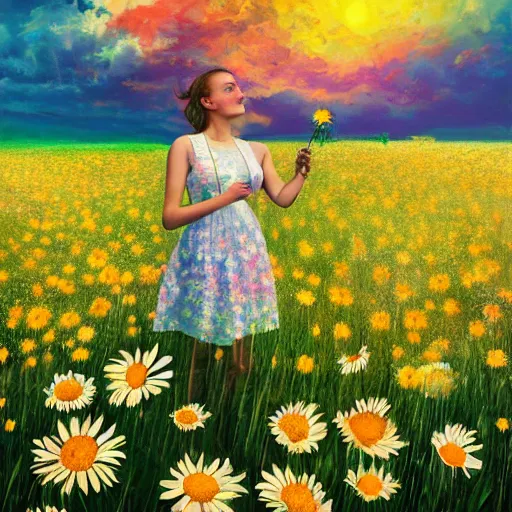 Image similar to face made of many daisies, girl standing barefoot in a flower field, holding flowers, surreal photography, sunrise dramatic light, impressionist painting, colorful clouds, large sky, digital painting, artstation, simon stalenhag, flower face