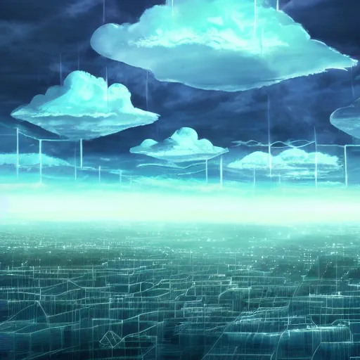 Prompt: this is a beautiful surreal scenery artwork from pixiv. it includes gigantic living inside network of cloud computing material, cloud buildings with internal computer infinites. god lighting, rays, sublimely cold color palette. insanely detailed, artstation!! pixiv!! infinitely detailed