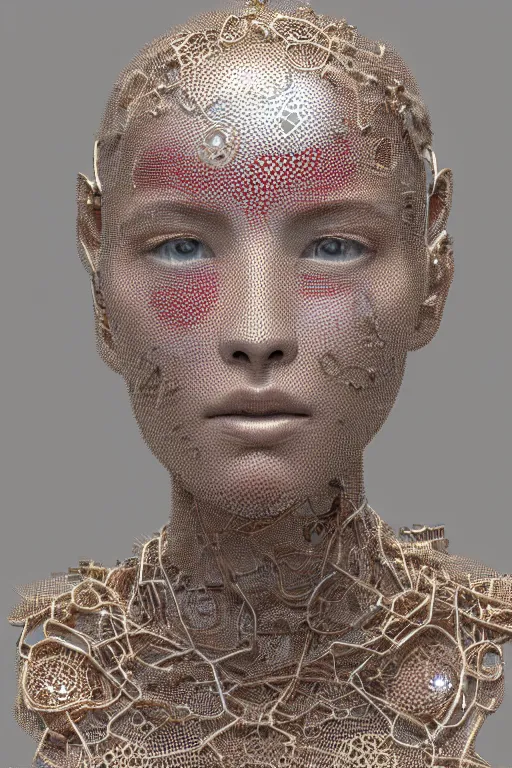 Image similar to a melancholic realistic 8k Sculpture of a complex robotic human face, liquid simulation, dramatic lighting, silver gold red details, hexagonal mesh wire, filigree intricate details, cinematic, fleshy musculature, white blossoms, elegant, octane render, 8k post-processing, by Caravaggio, Greg rutkowski, Sachin Teng, Thomas Kindkade, Alphonse Mucha, Norman Rockwell, Tom Bagshaw