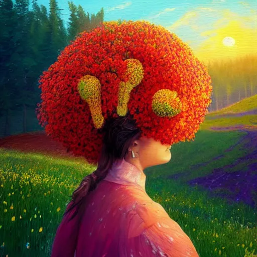 Prompt: girl with giant flower as a face, surreal photography, dream, dress made from the flower field she walks through, hills, big trees, sunrise dramatic light, impressionist painting, colorful clouds, digital painting, pointillism, artstation, simon stalenhag