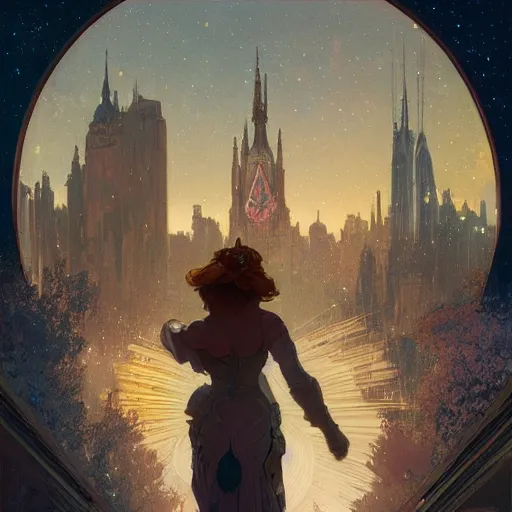 Image similar to Concept art, beautiful painting of a cat, shining its light among stars, wandering around a metropolis city, 8k, alphonse mucha, james gurney, greg rutkowski, john howe, artstation