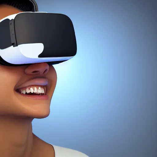 Prompt: realistic photo of a beautiful smiling person wearing a modern virtual reality headset, hypermaximalistic, high details, cinematic, 8 k resolution, beautiful detailed, insanely intricate details, artstation trending, octane render, unreal engine