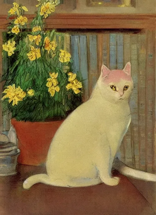 Prompt: vintage beautiful painting of a fat yellow cat in a beautiful library with plants in mary cassatt style