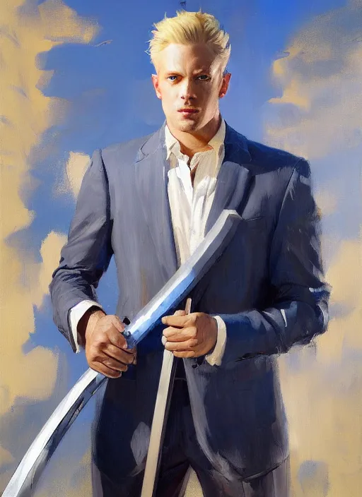 Prompt: greg manchess portrait painting of a blond man in a blue suit with a big sword, asymmetrical, profile picture, organic painting, sunny day, matte painting, bold shapes, hard edges, street art, trending on artstation, by huang guangjian, gil elvgren, ruan jia, randy vargas, greg rutkowski